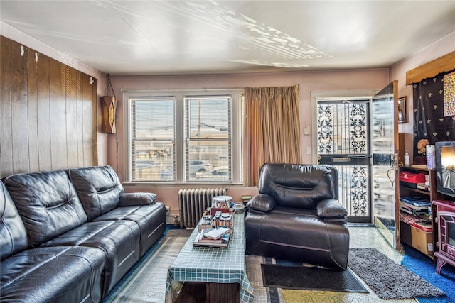 living area with radiator heating unit and wood walls