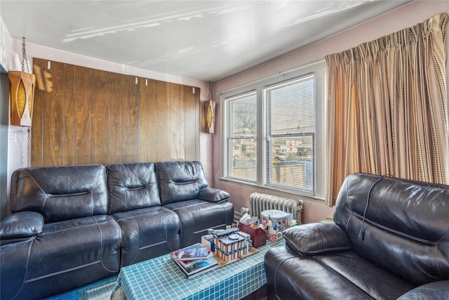 living room with radiator and wooden walls