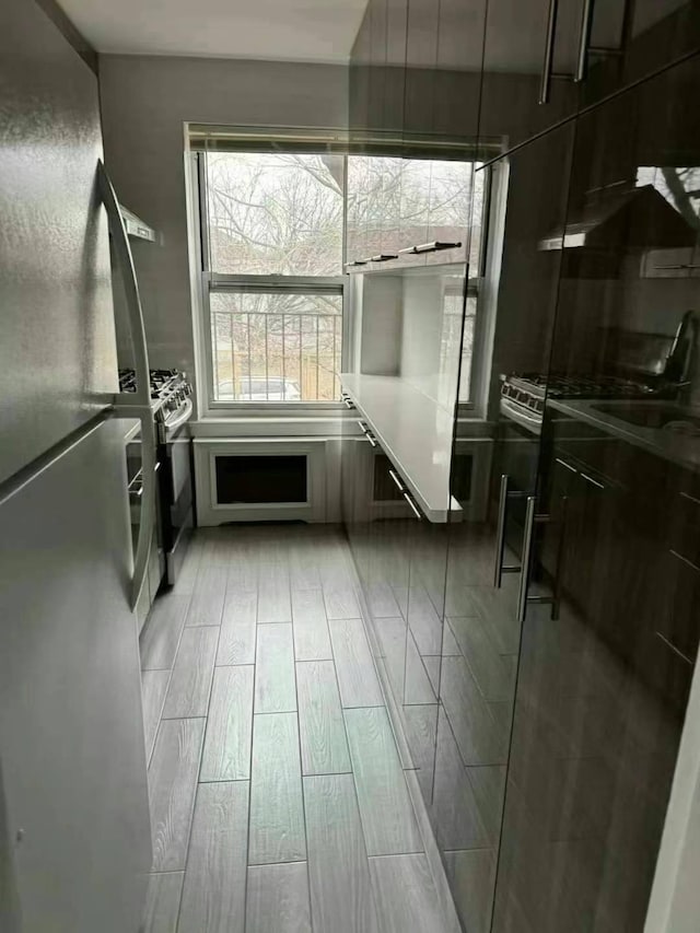 kitchen featuring wood finish floors, modern cabinets, and freestanding refrigerator