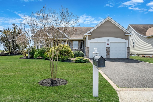 ranch-style house featuring aphalt driveway, a garage, stone siding, and a front lawn