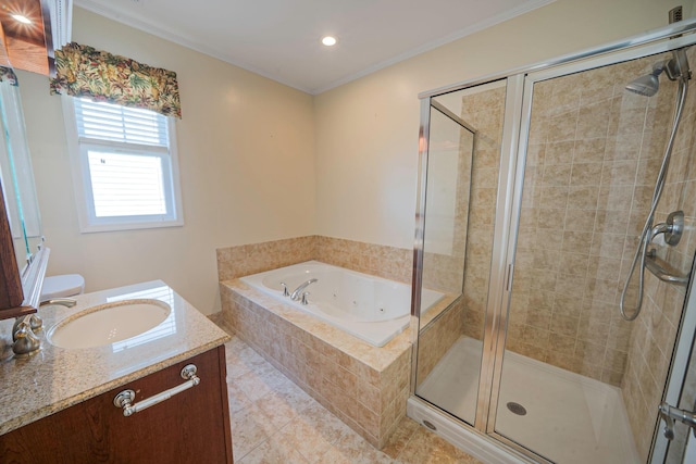 full bathroom with ornamental molding, a stall shower, vanity, and a whirlpool tub