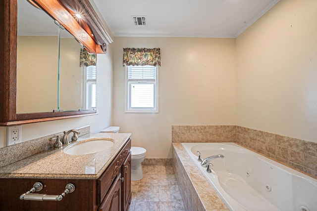 full bath with visible vents, ornamental molding, toilet, a whirlpool tub, and vanity