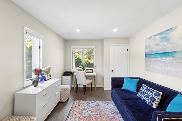 home office with dark wood-style flooring, baseboards, and recessed lighting