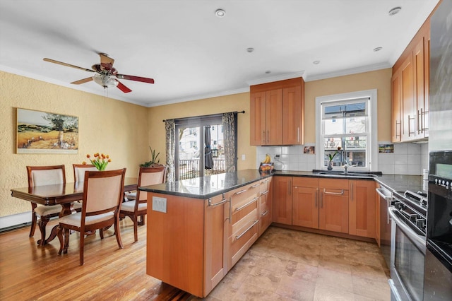 kitchen with stainless steel gas stove, a healthy amount of sunlight, crown molding, and a sink