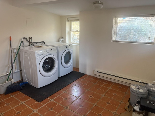 laundry room featuring laundry area, a baseboard radiator, and washer and clothes dryer