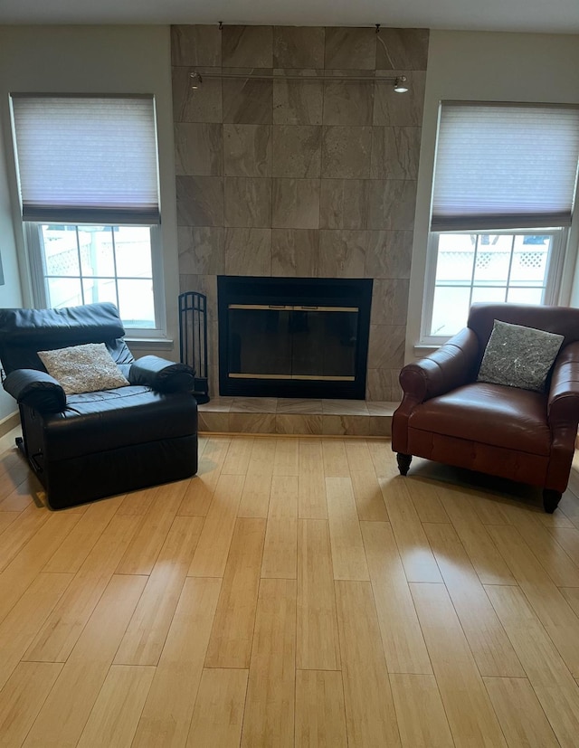 living area featuring a tiled fireplace, wood finished floors, and a wealth of natural light
