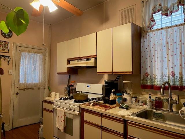 kitchen featuring ceiling fan, under cabinet range hood, light countertops, white gas range, and a sink