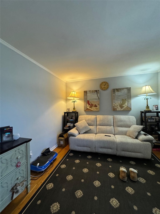 living room with ornamental molding and wood finished floors