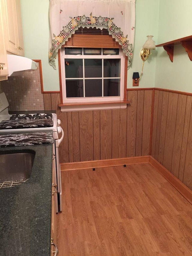 kitchen featuring range with gas stovetop, wood finished floors, a wainscoted wall, and under cabinet range hood