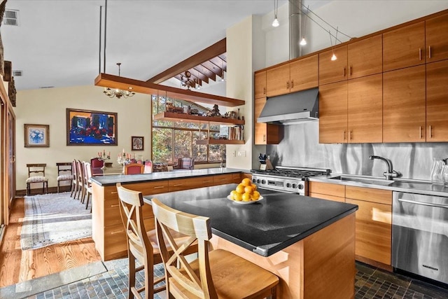 714 Ladd Rd, Bronx, NY 10471 - kitchen with stainless steel appliances, under cabinet range hood, a peninsula, lofted ceiling, and decorative backsplash
