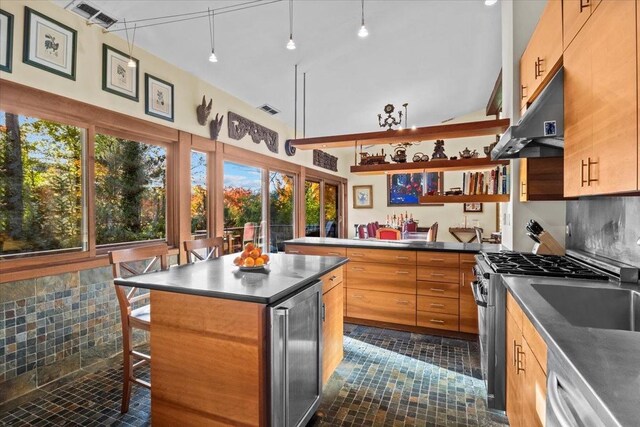 714 Ladd Rd, Bronx, NY 10471 - kitchen featuring appliances with stainless steel finishes, dark countertops, a peninsula, under cabinet range hood, and a kitchen breakfast bar