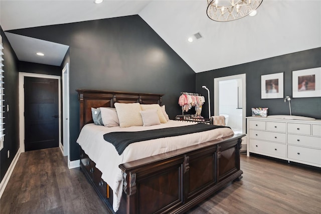 bedroom with wood finished floors, visible vents, baseboards, an inviting chandelier, and lofted ceiling