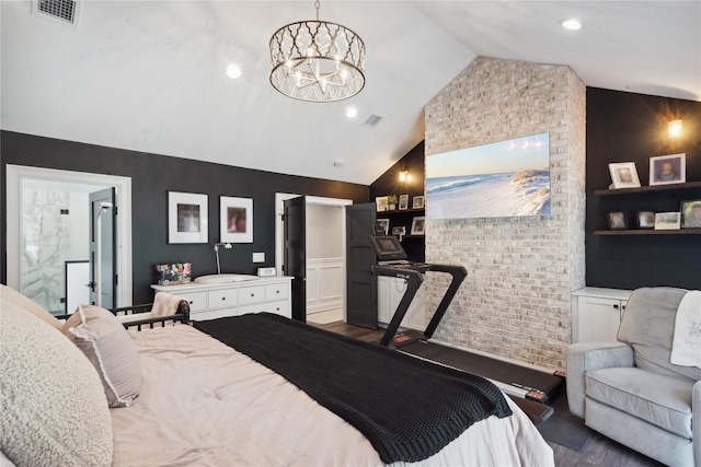 bedroom with dark wood finished floors, a notable chandelier, visible vents, and high vaulted ceiling