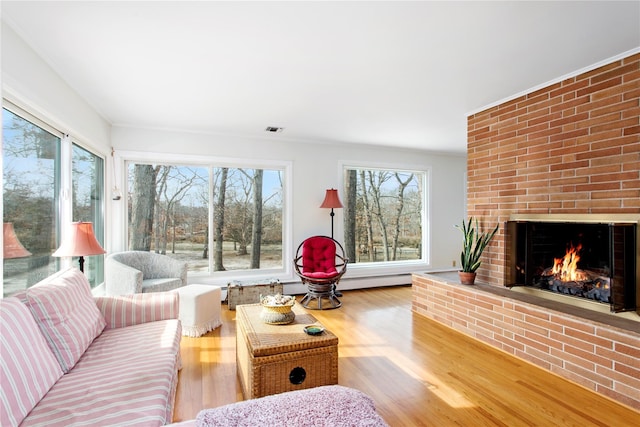 living room with visible vents, wood finished floors, and a fireplace