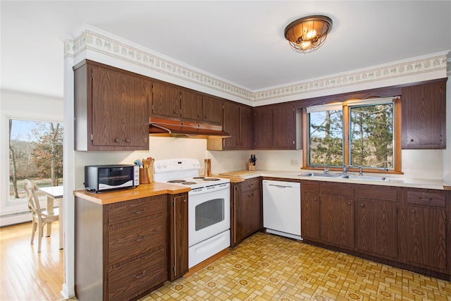 kitchen featuring white appliances, light countertops, under cabinet range hood, and a sink