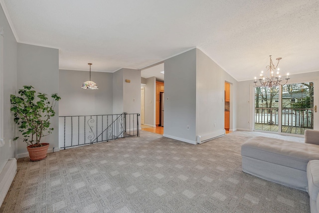 living room with baseboards, light colored carpet, vaulted ceiling, a notable chandelier, and a baseboard radiator