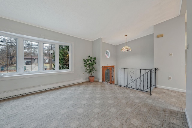 unfurnished room featuring baseboards, carpet, a chandelier, lofted ceiling, and a baseboard radiator