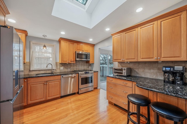 kitchen with a wealth of natural light, light wood-style flooring, a skylight, stainless steel appliances, and a sink