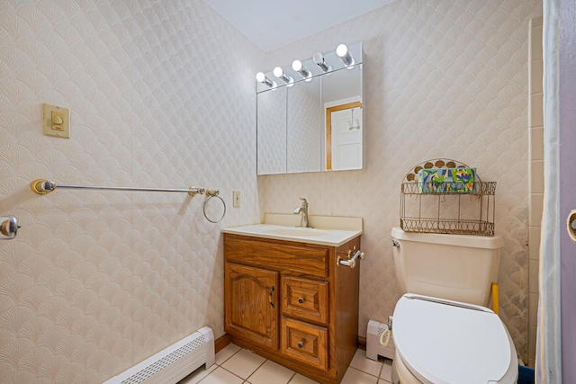 full bathroom with vanity, wallpapered walls, tile patterned flooring, a baseboard heating unit, and toilet