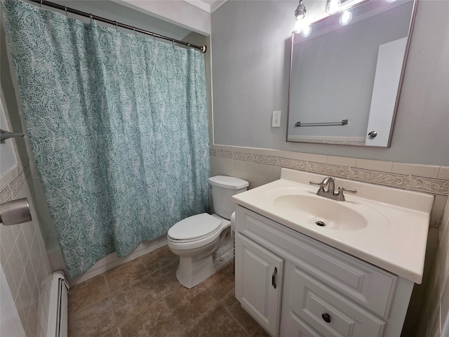 bathroom with a baseboard radiator, tile walls, a shower with shower curtain, toilet, and vanity