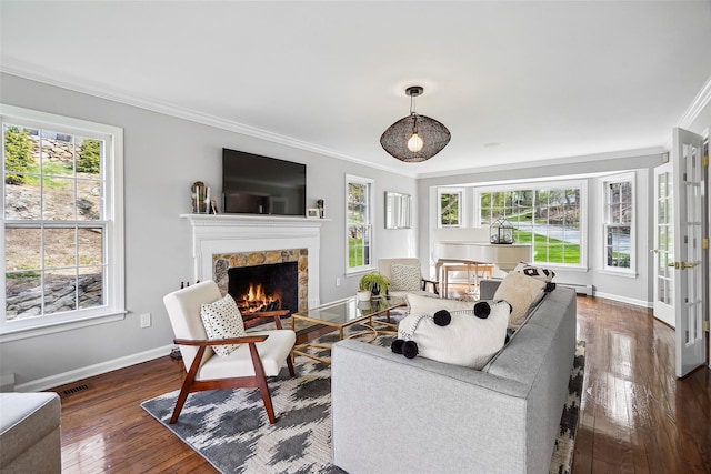 living room featuring a fireplace, baseboards, plenty of natural light, and ornamental molding