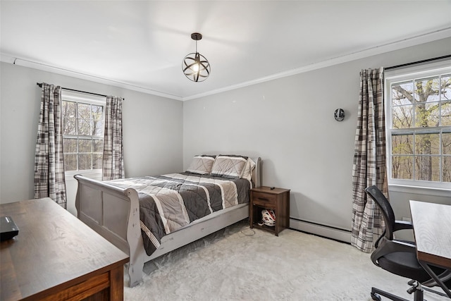 bedroom featuring carpet flooring, baseboard heating, multiple windows, and ornamental molding