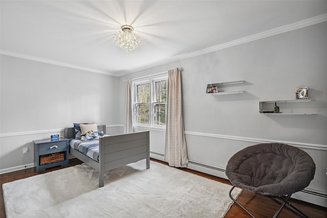 bedroom featuring a chandelier, baseboards, wood finished floors, a baseboard radiator, and ornamental molding