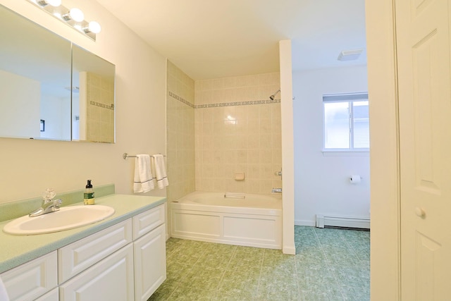 full bathroom with vanity, visible vents, baseboard heating, and shower / washtub combination