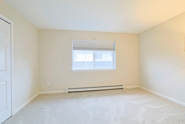 unfurnished room featuring carpet flooring, baseboards, and baseboard heating