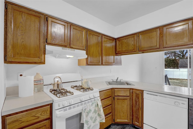 kitchen with under cabinet range hood, light countertops, brown cabinets, white appliances, and a sink