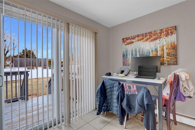 tiled home office with a baseboard radiator