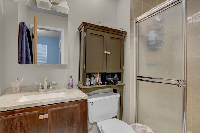 bathroom with vanity, toilet, and a shower stall