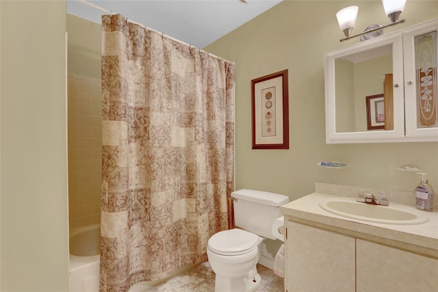 bathroom featuring tile patterned floors, vanity, toilet, and shower / tub combo