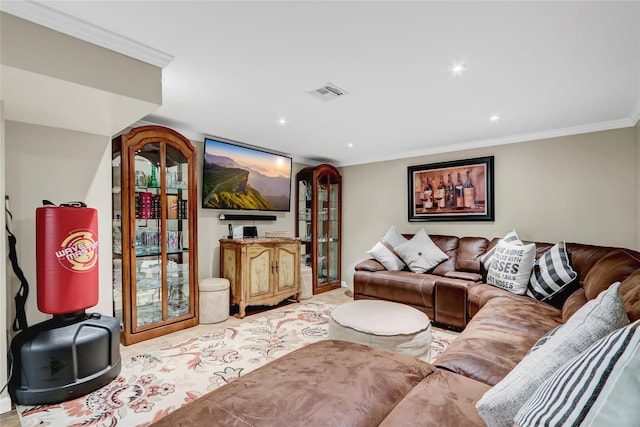 carpeted living room featuring recessed lighting, visible vents, and ornamental molding