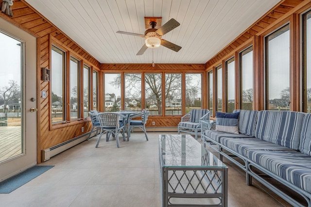 sunroom / solarium featuring a wealth of natural light, wooden ceiling, a baseboard heating unit, and ceiling fan