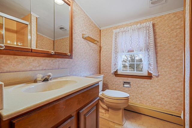 bathroom with a baseboard radiator, visible vents, crown molding, and wallpapered walls