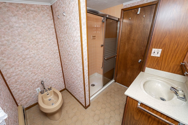 bathroom with tile patterned floors, a bidet, vanity, and a shower stall