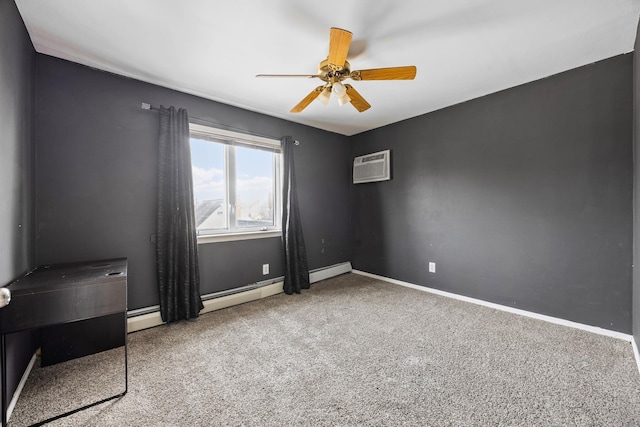 carpeted empty room with a baseboard radiator, baseboards, a ceiling fan, and a wall unit AC