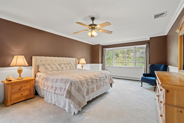 33 Sutherland Dr, Highland Mills, NY 10930 - bedroom featuring light colored carpet, ornamental molding, a baseboard heating unit, and a ceiling fan