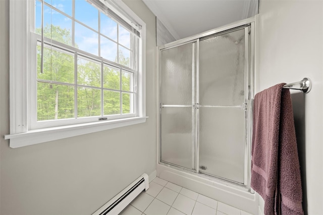 33 Sutherland Dr, Highland Mills, NY 10930 - full bathroom featuring tile patterned flooring, a stall shower, and a baseboard heating unit