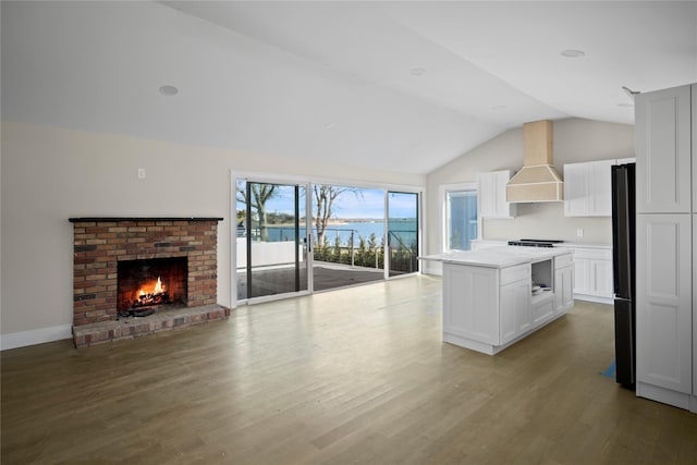 kitchen featuring open floor plan, white cabinetry, vaulted ceiling, premium range hood, and wood finished floors