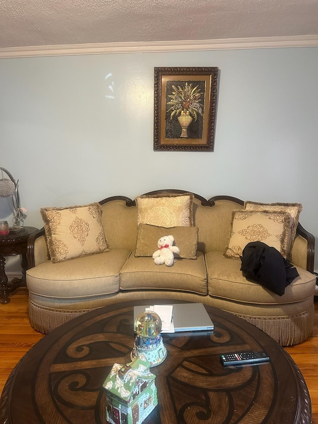 225-23 Murdock Ave, Queens Village, NY 11429 - living area with wood finished floors, a textured ceiling, and ornamental molding