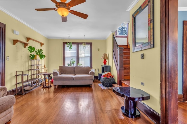 living room featuring hardwood / wood-style floors, a ceiling fan, and ornamental molding