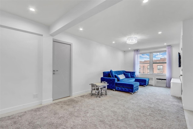 living area with recessed lighting, baseboards, and carpet floors