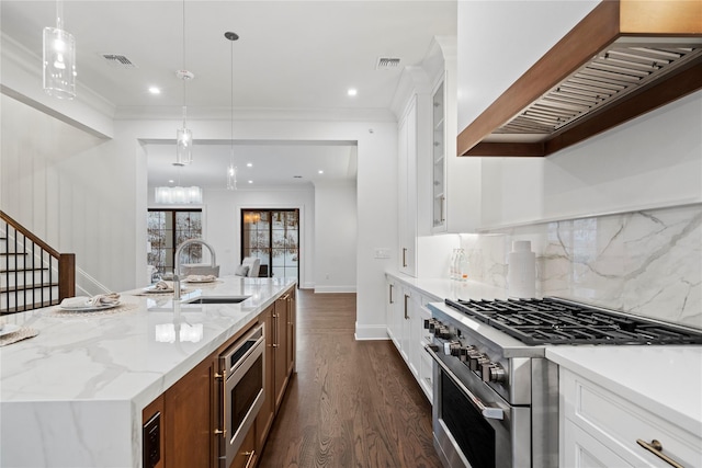 133 Spring Rd Unit 8, Huntington, NY 11743 - kitchen featuring custom range hood, a sink, appliances with stainless steel finishes, crown molding, and dark wood-style flooring