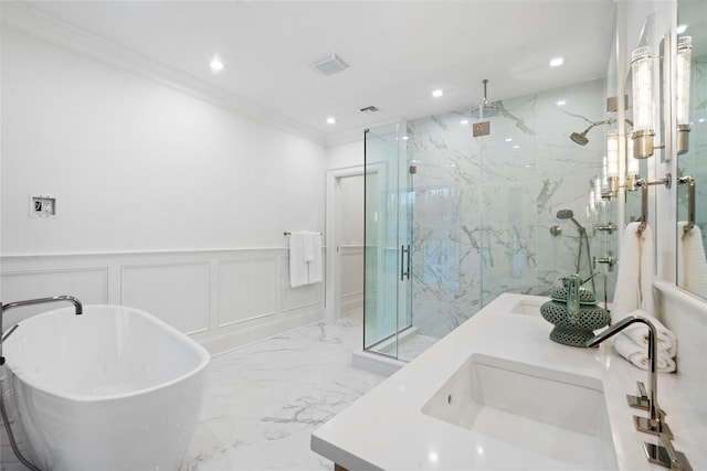 133 Spring Rd Unit 8, Huntington, NY 11743 - full bathroom featuring a wainscoted wall, a marble finish shower, a sink, a decorative wall, and marble finish floor