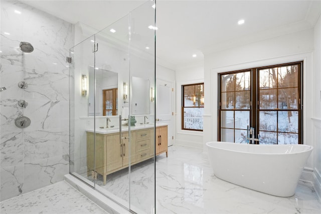 133 Spring Rd Unit 8, Huntington, NY 11743 - bathroom with double vanity, a marble finish shower, and marble finish floor