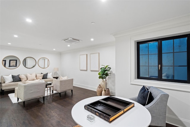 133 Spring Rd Unit 8, Huntington, NY 11743 - dining space with visible vents, baseboards, ornamental molding, recessed lighting, and dark wood-style flooring