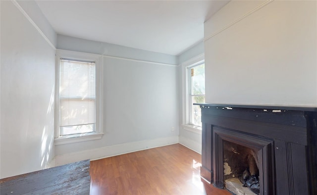 32-25 30th St, Long Island City, NY 11106 - unfurnished living room with a fireplace, baseboards, and wood finished floors