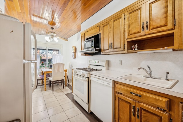 kitchen with light countertops, a ceiling fan, wooden ceiling, a sink, and white appliances